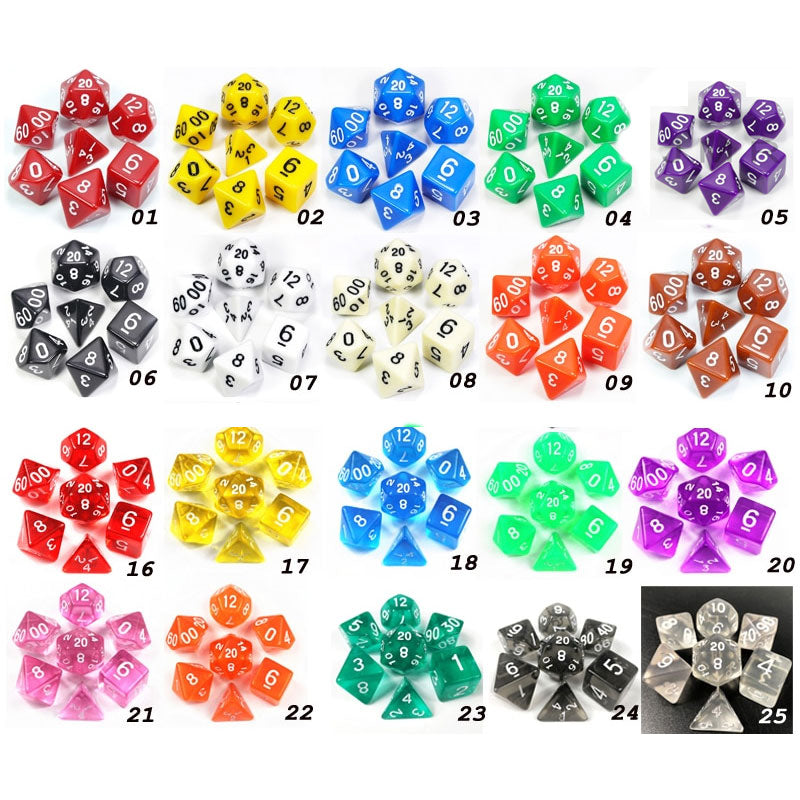 7pcs/set Transparent Digital Polyhedral Rich Color Dice,Set of D4 D6 D8 D10 D12 D20 for Dnd Rpg Board Game Dice