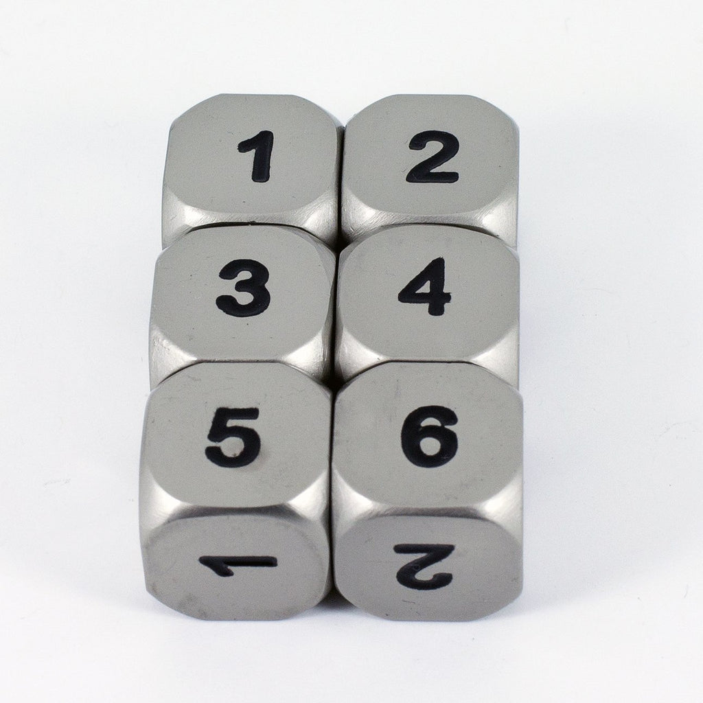 Solid Metal D6 Dice, Set Of Six, Silver Color