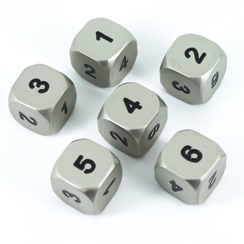 Solid Metal D6 Dice, Set Of Six, Silver Color