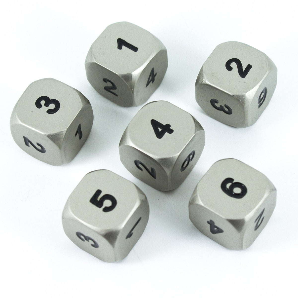Solid Metal D6 Dice, Set Of Six, Silver Color