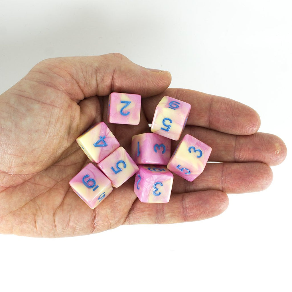 'Love Potion' Pink and Yellow Marble 8 D6 Dice Set