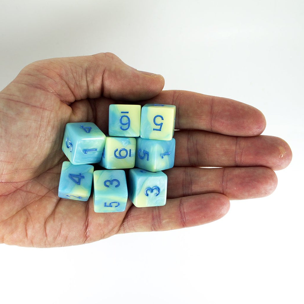 'Blue Mist' Blue and Yellow Marble 8 D6 Dice Set