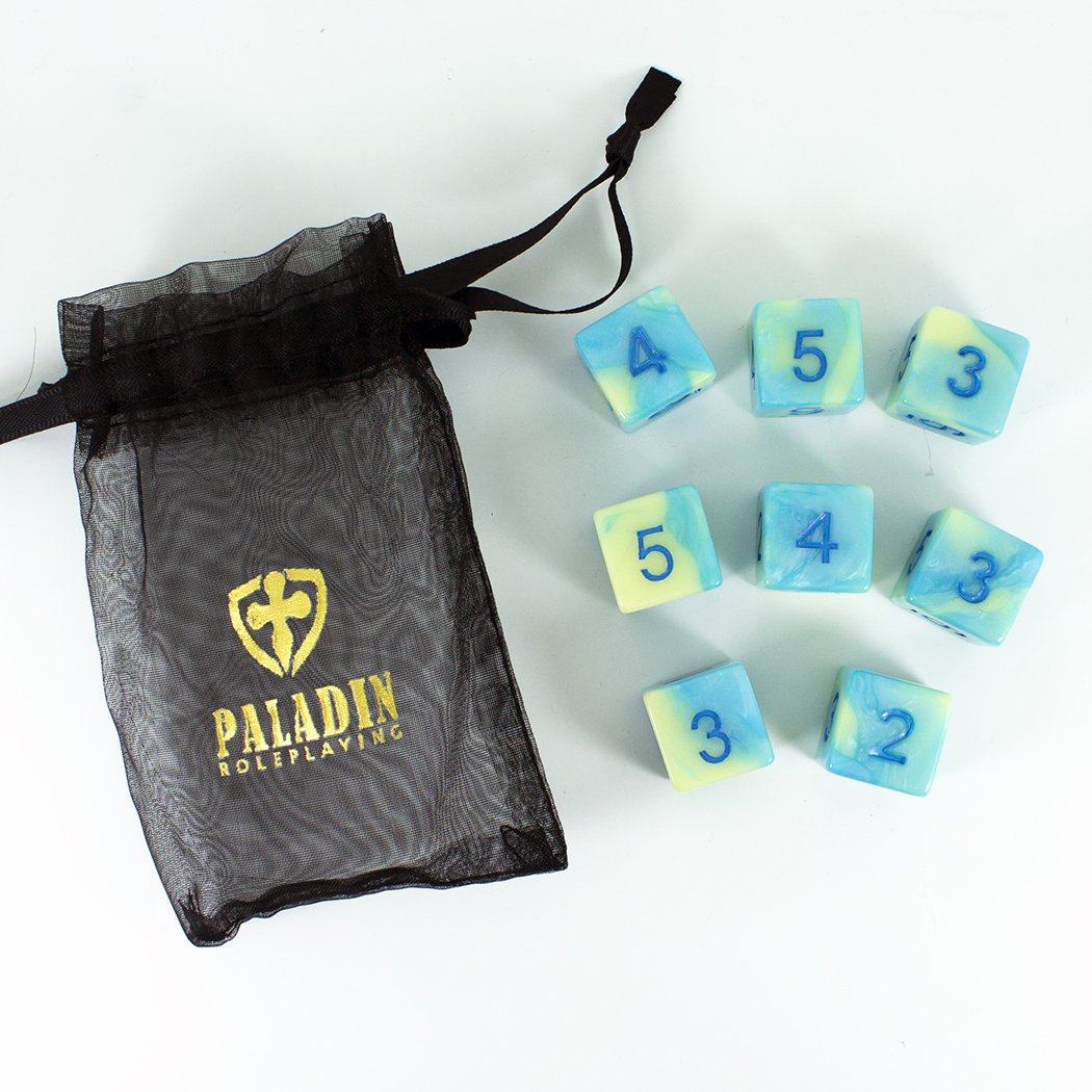 'Blue Mist' Blue and Yellow Marble 8 D6 Dice Set