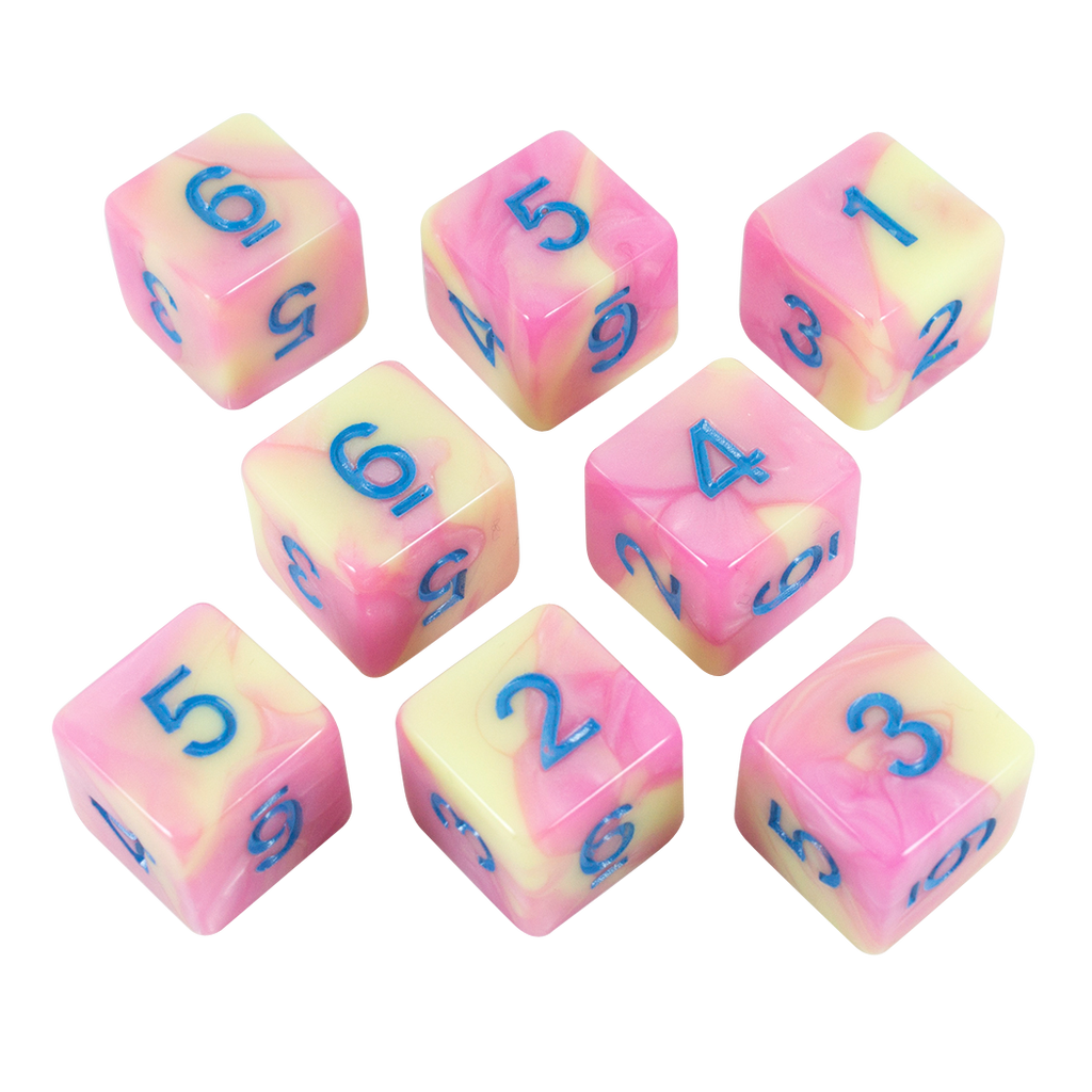 'Love Potion' Pink and Yellow Marble 8 D6 Dice Set