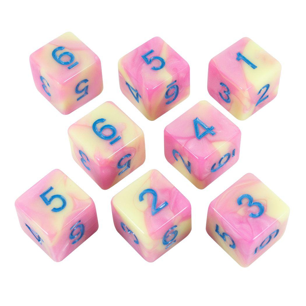 'Love Potion' Pink and Yellow Marble 8 D6 Dice Set
