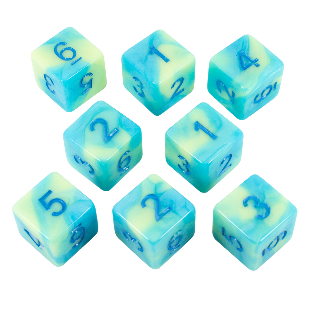 'Blue Mist' Blue and Yellow Marble 8 D6 Dice Set