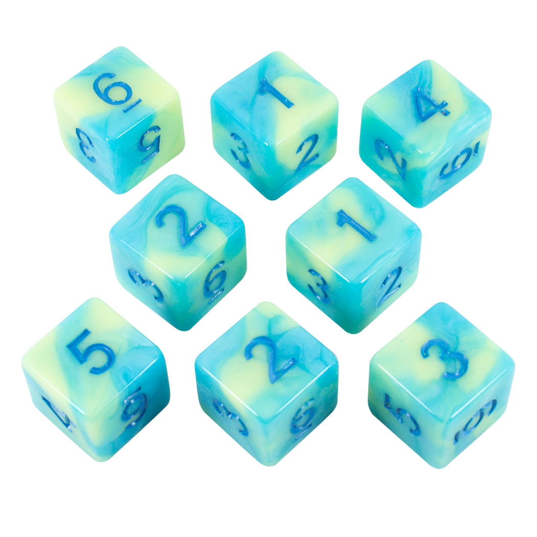 'Blue Mist' Blue and Yellow Marble 8 D6 Dice Set