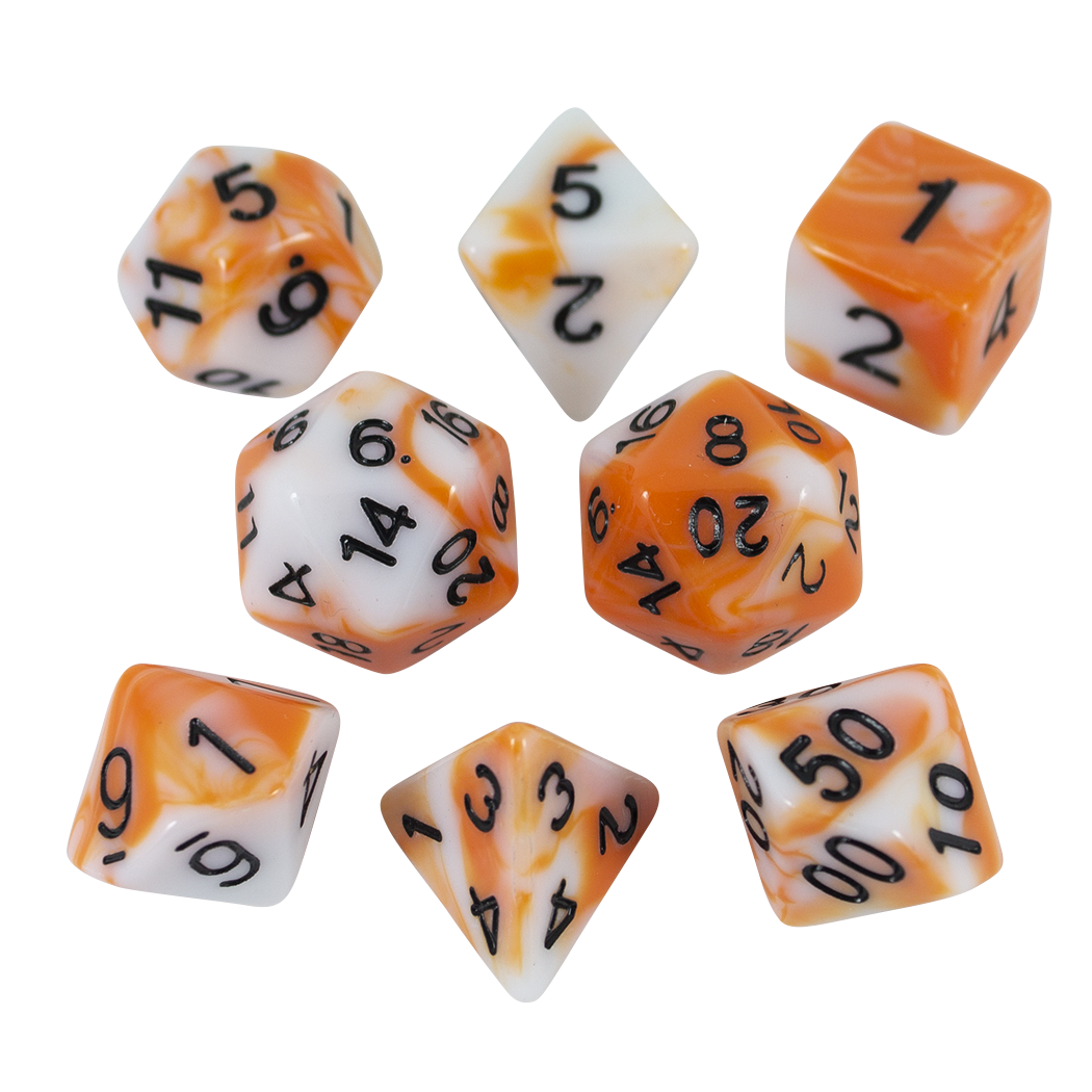 Troll Slayer Orange and White Dice - Expanded Polyhedral Set With Extra D20