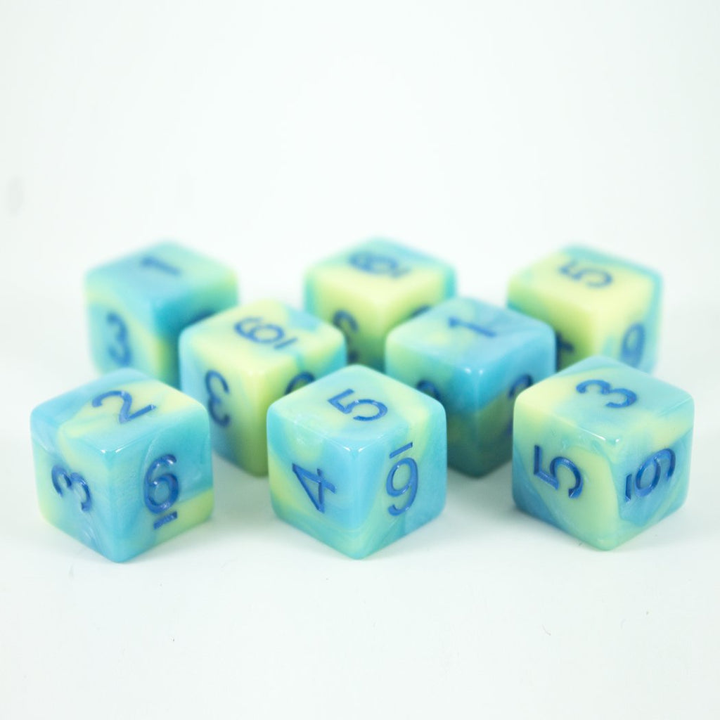 'Blue Mist' Blue and Yellow Marble 8 D6 Dice Set